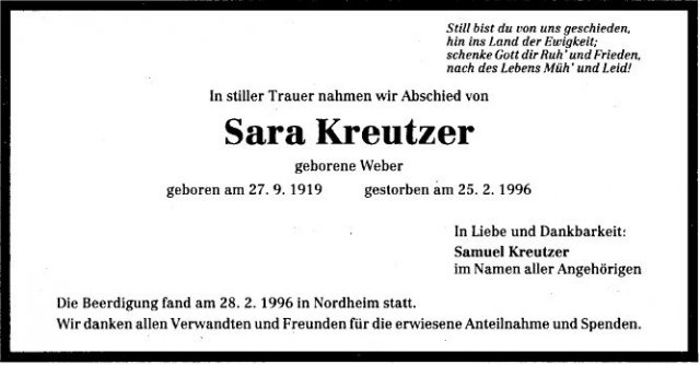 Weber Sara 1919-1996 Todesanzeige